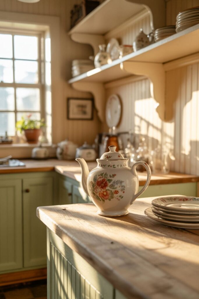 Cottage kitchen with white beadboard walls, open shelving, and pastel decor