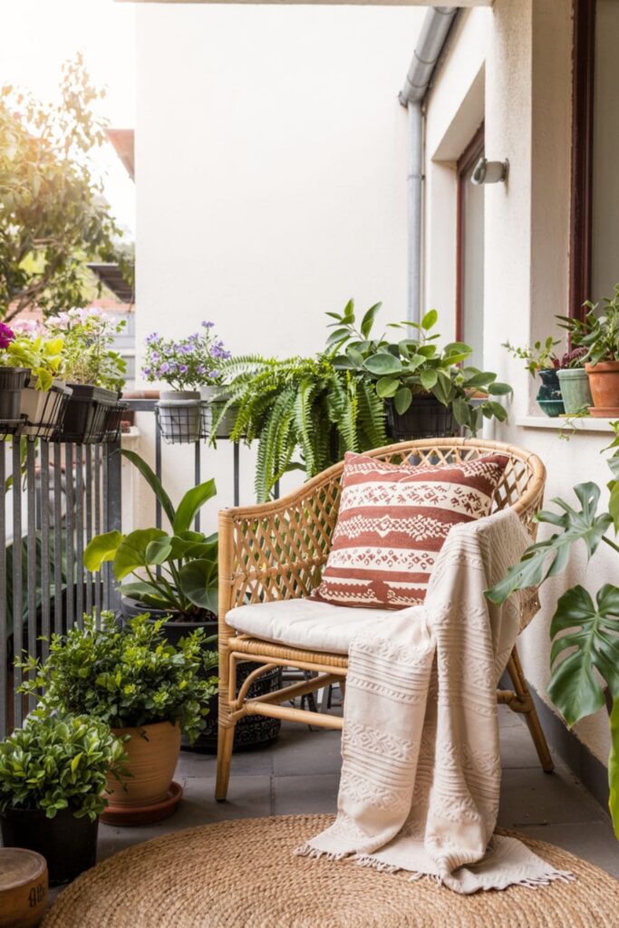 Cozy apartment balcony with a rattan chair and cushions for relaxing outdoor seating
