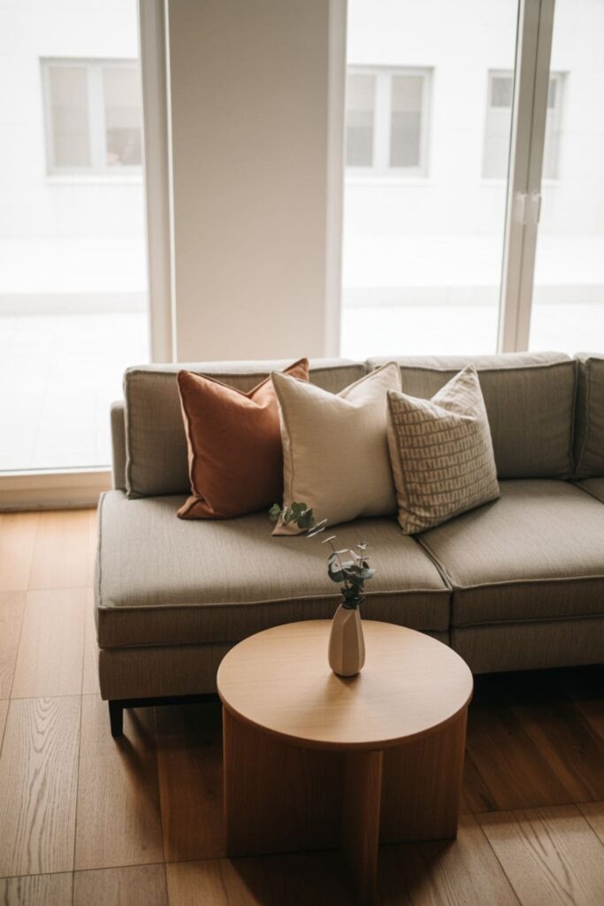 Cozy apartment with a compact gray L-shaped sofa and minimalist decor
