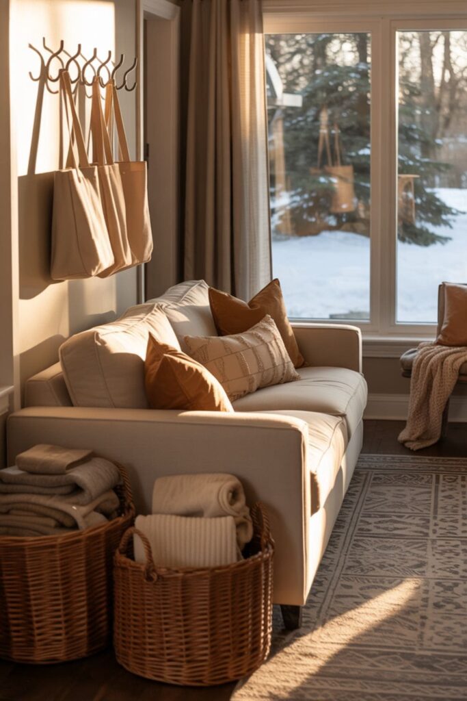 Cozy family room with woven baskets for blankets, hooks near the door for bags, and a reading chair by the window