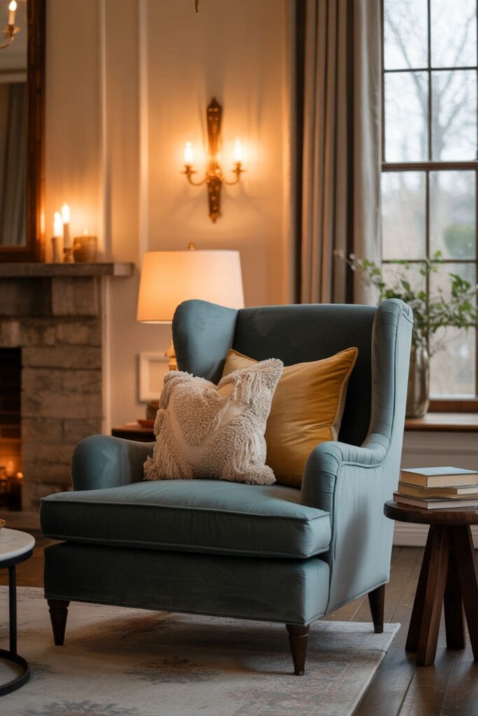 Cozy room with layered lighting including overhead fixtures, table lamps, wall sconces, and candles creating a warm atmosphere
