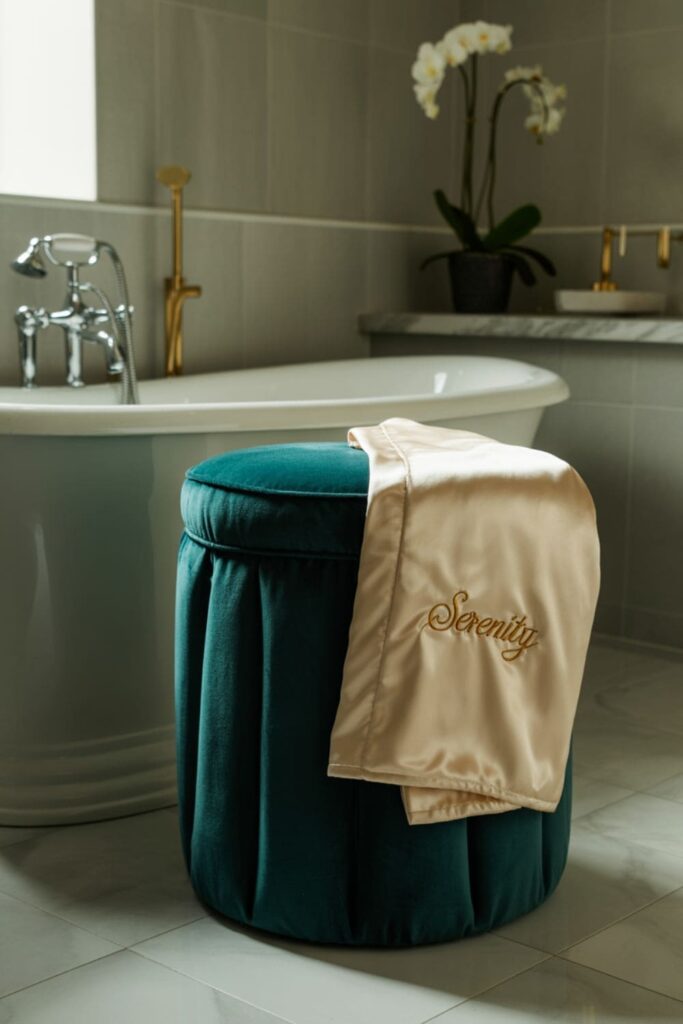 Deep navy velvet bench and robe adding color and texture to a modern luxury bathroom