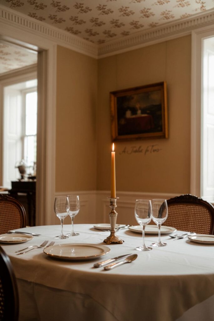 Dining room ceiling decorated with subtle patterned wallpaper and crown molding for added character