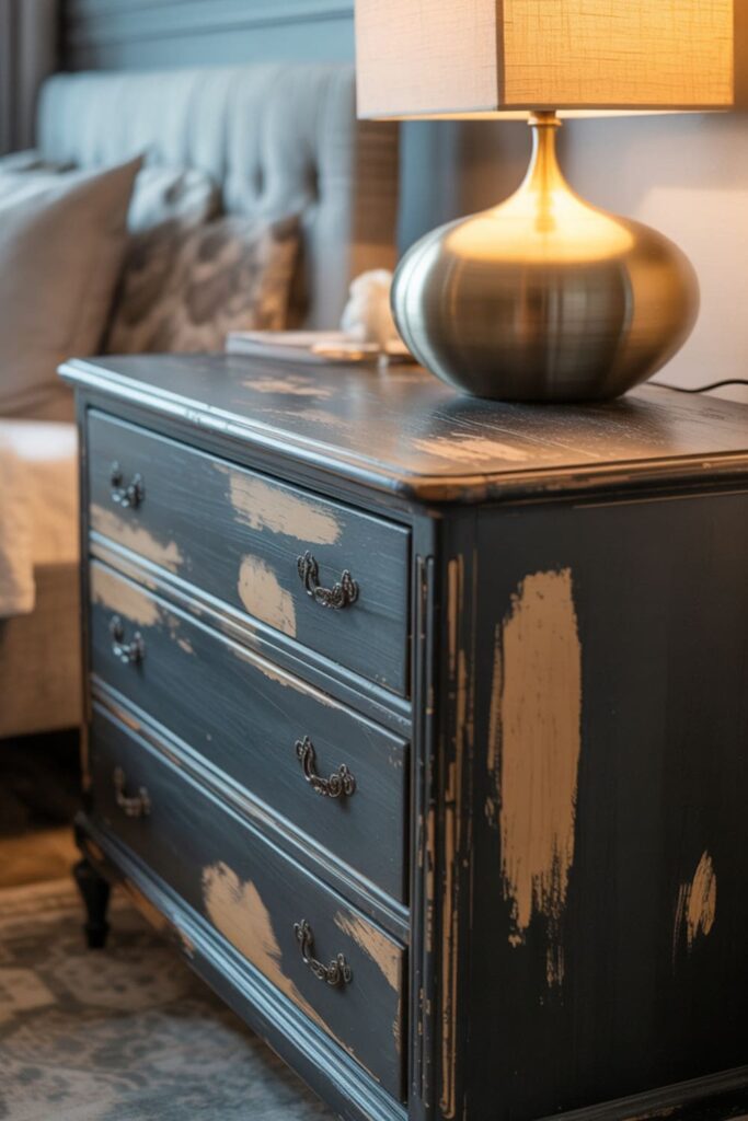 Distressed wood dresser with chipped paint and visible grain in a cozy bedroom