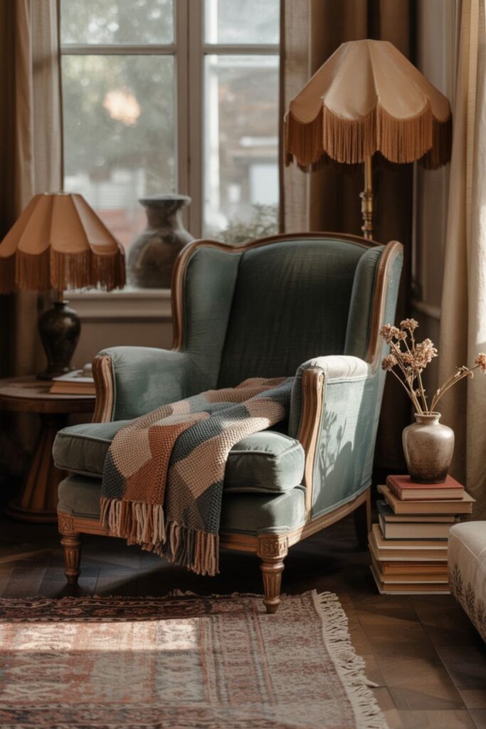 Eclectic living room showing a mix of vintage and modern furniture, layered rugs, and evolving decor
