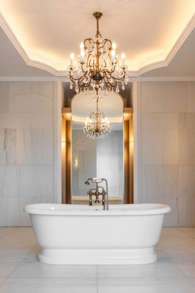 Elegant brass and glass chandelier hanging above a freestanding tub in a high-end bathroom