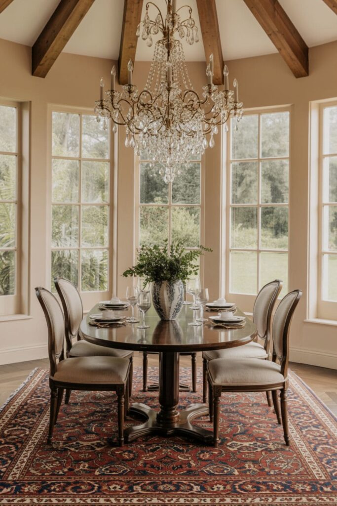 Elegant dining room with a large chandelier hanging above the table in a modern farmhouse style