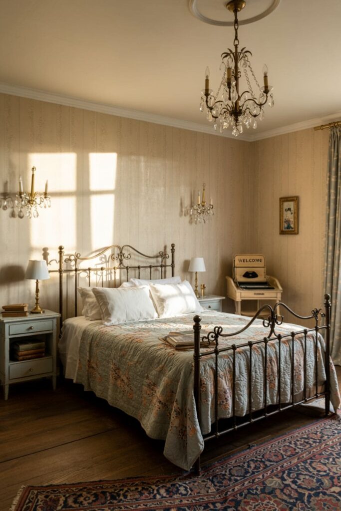 Elegant guest room featuring a small crystal chandelier and warm brass lighting fixtures