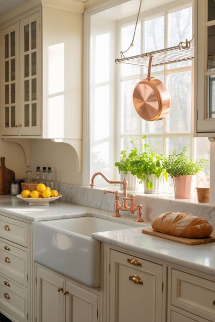 Elegant kitchen with classic white cabinets, marble countertops, and timeless brass hardware
