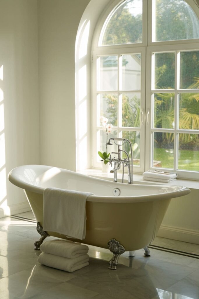 Elegant white freestanding bathtub near a large window with marble flooring and chandelier above