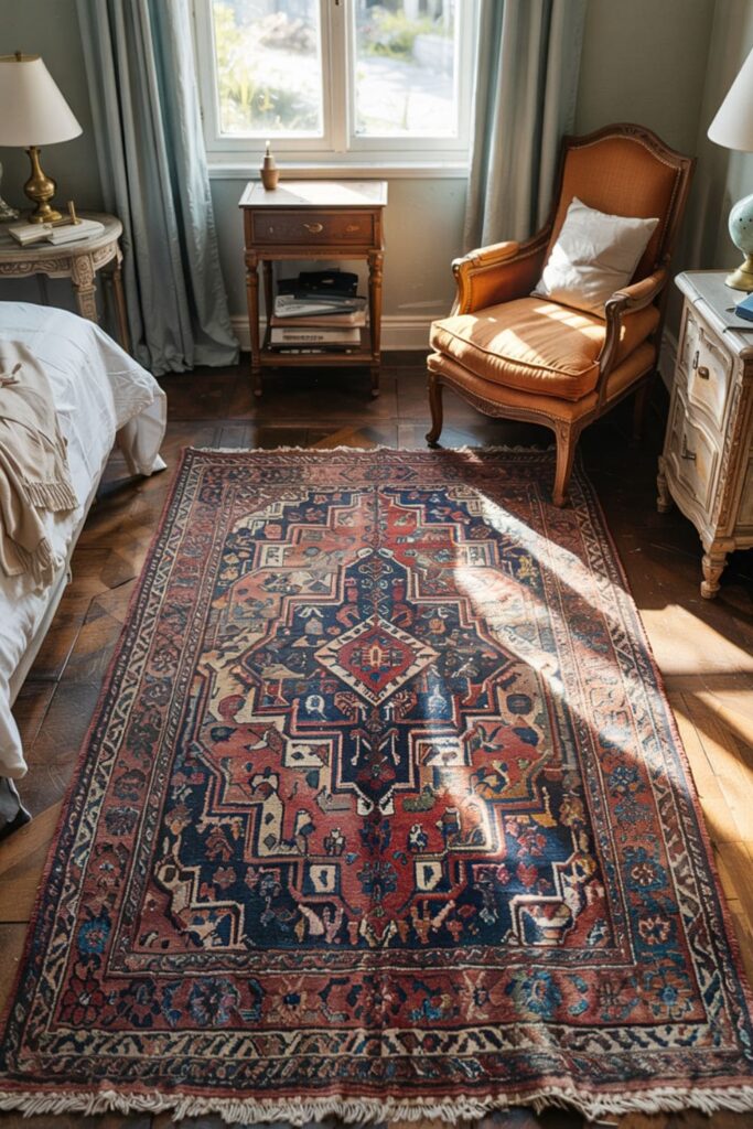 Faded Persian-style rug anchoring a vintage-themed guest room with antique accents
