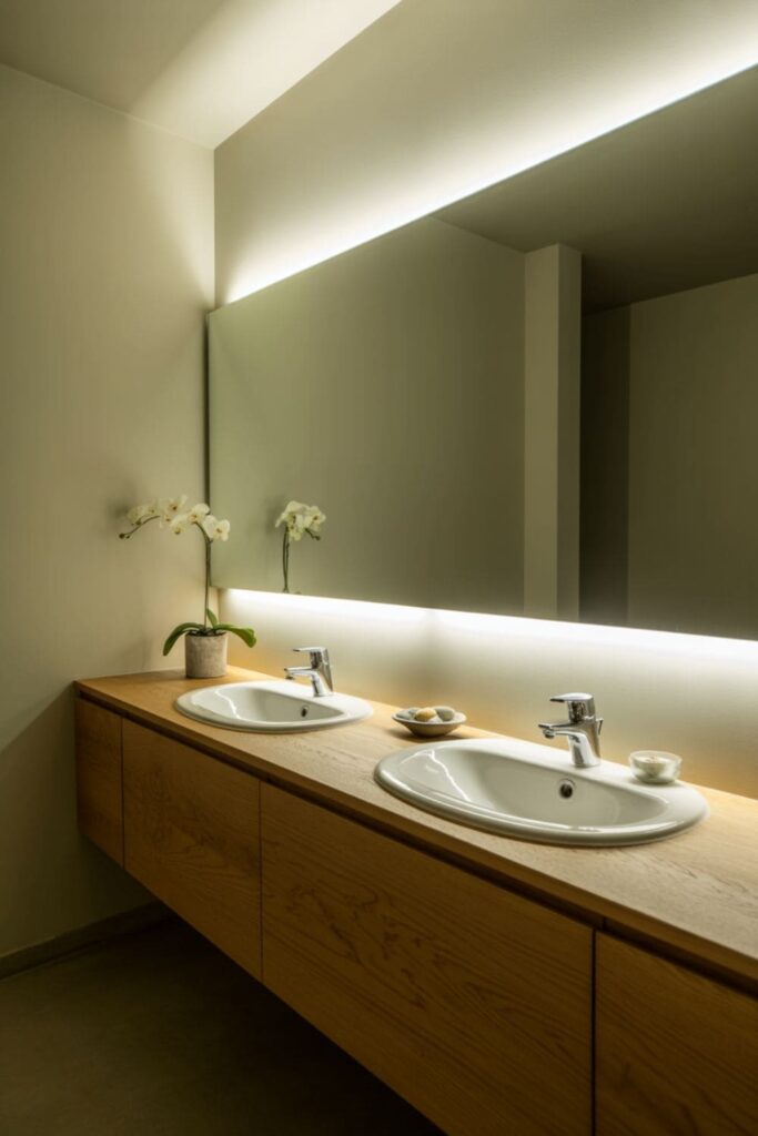 Floating wood-grain vanity with under-cabinet lighting and double sinks in a chic space