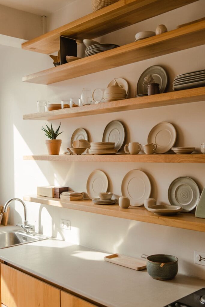 Floating wooden shelves in a small apartment kitchen displaying dishes, cups, and small decor items