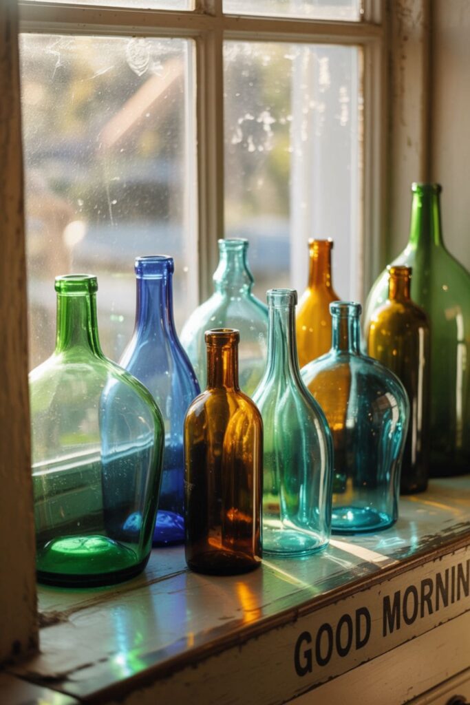 Grouped green, blue, and amber vintage glass bottles on a sunny kitchen windowsill