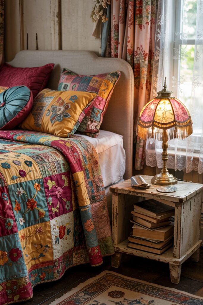 Guest bed decorated with patchwork and quilted throw pillows for a cozy, vintage touch