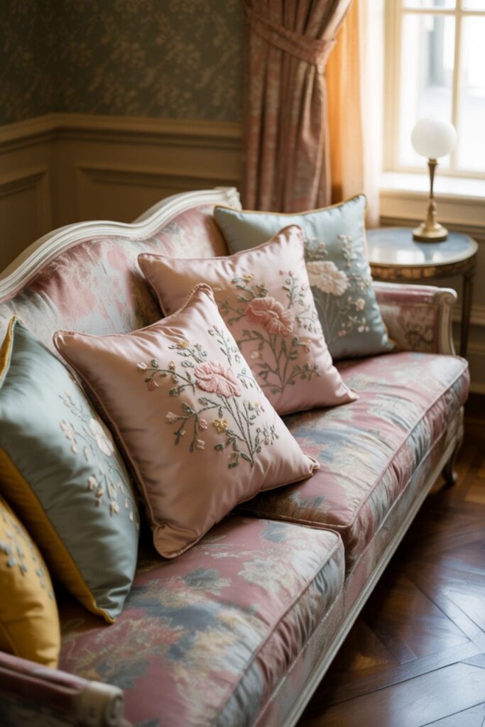 Hand-embroidered floral pillows on a sofa mixed with modern cushions
