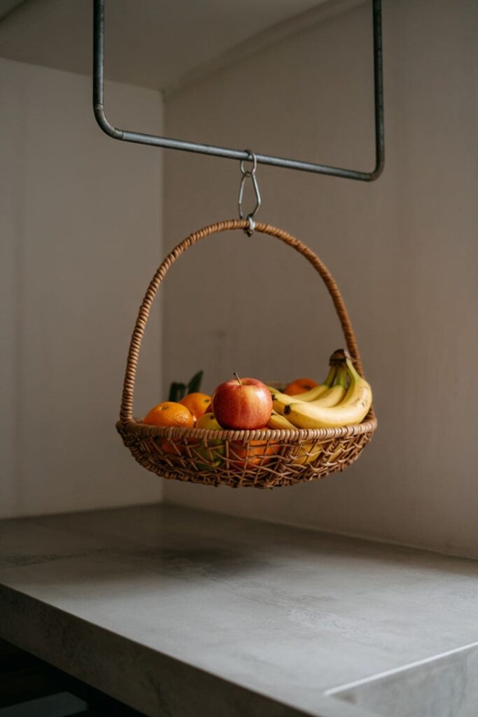 Hanging fruit basket filled with fresh produce, suspended in a corner of a compact kitchen