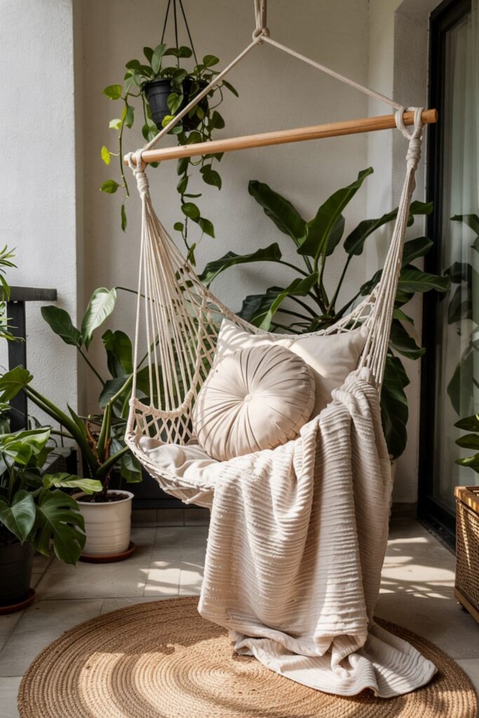 Hanging hammock chair with cushions on a relaxed, plant-filled balcony
