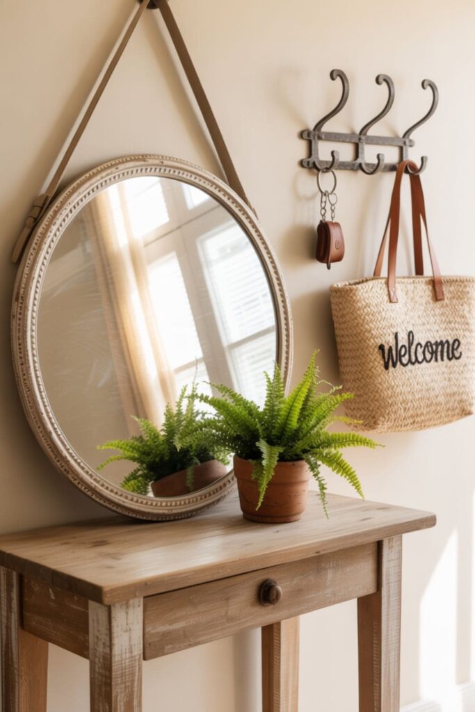 Inviting home entrance with a wooden console table, decorative mirror, small plant, and hooks for keys and bags