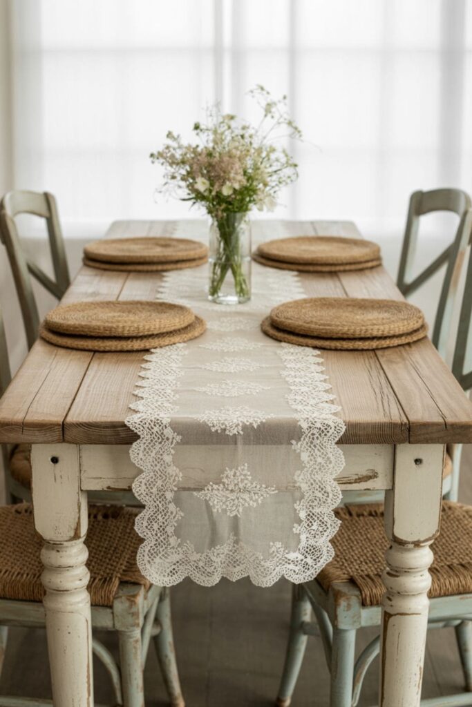 Ivory lace table runner draped over a wooden dining table with rustic burlap accents