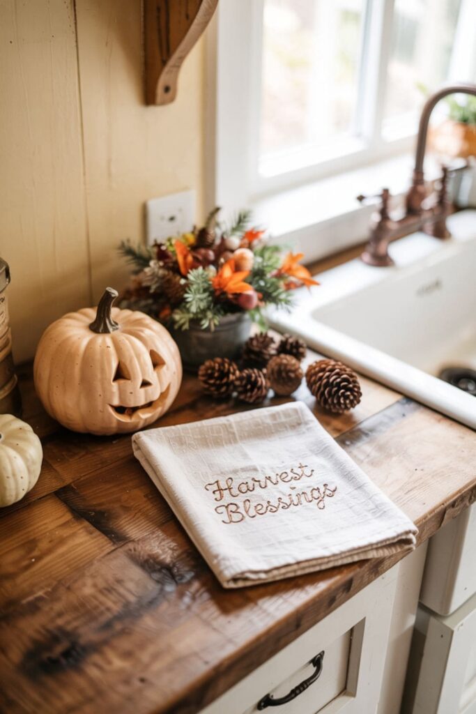Kitchen shelf decorated with mini pumpkins and fall-themed items for seasonal flair