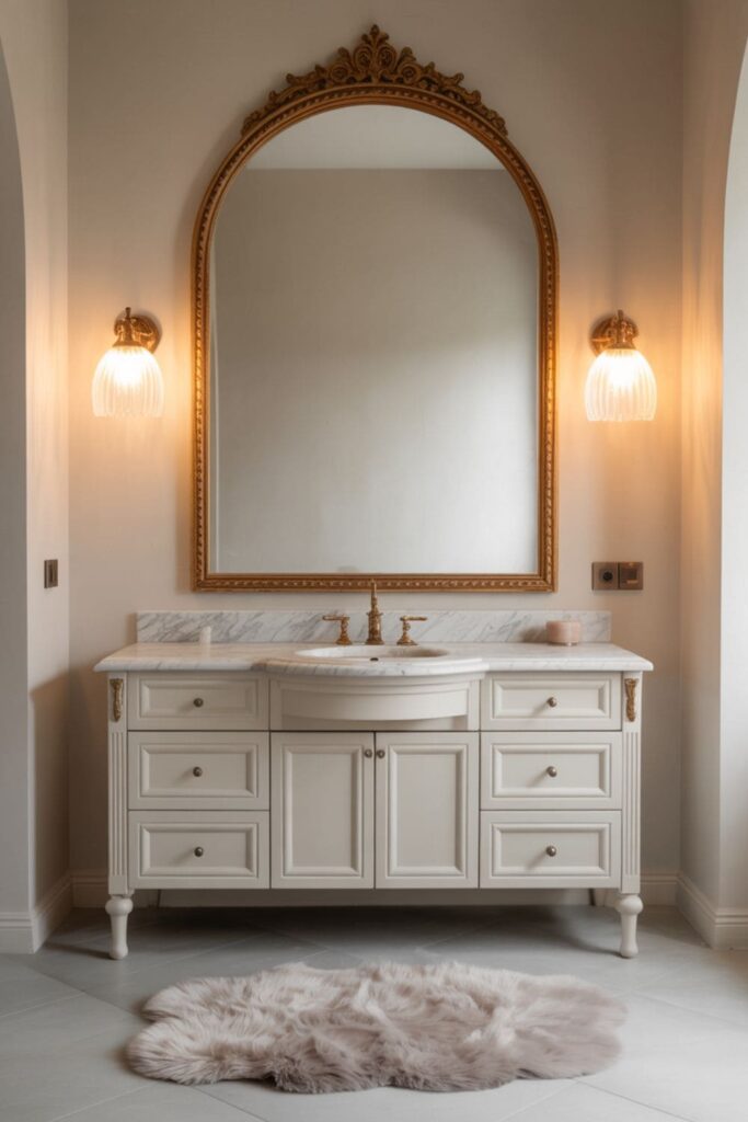 Large, arched statement mirror with gold trim above a modern vanity in a bright bathroom