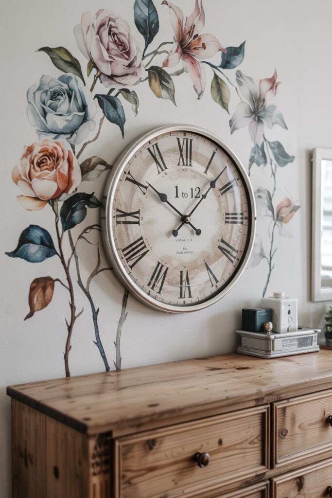 Large wall clock with Roman numerals adding charm to a softly decorated guest bedroom