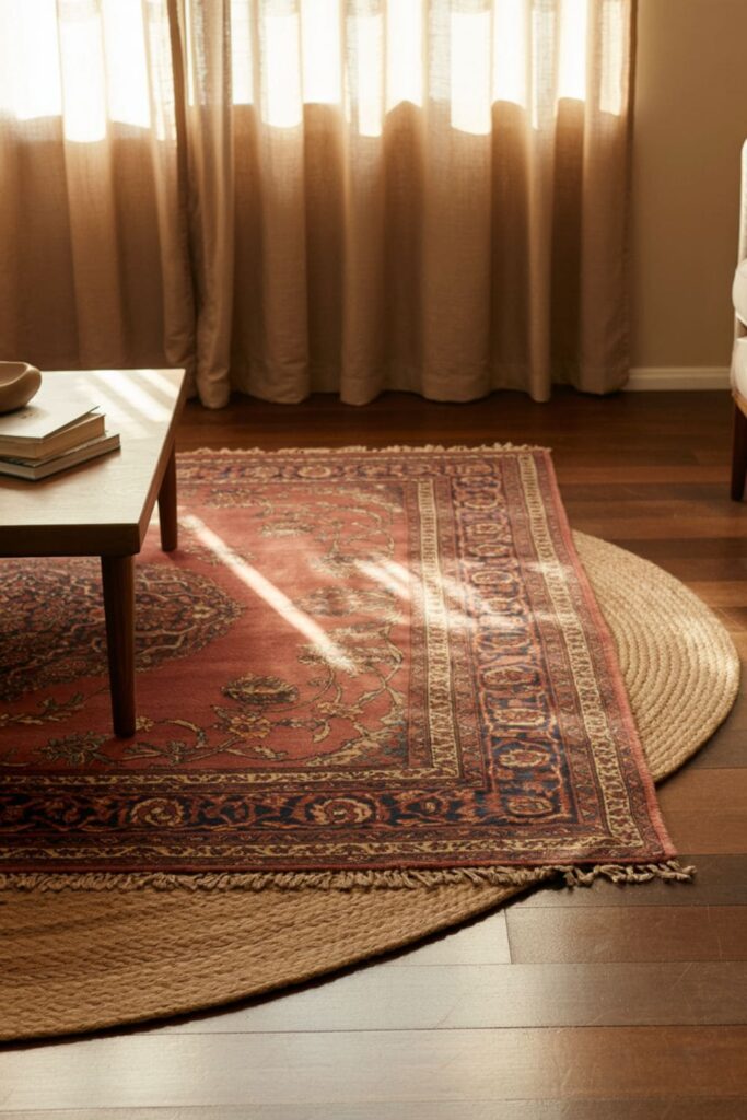Layered Persian and jute rugs with faded floral patterns on a hardwood floor