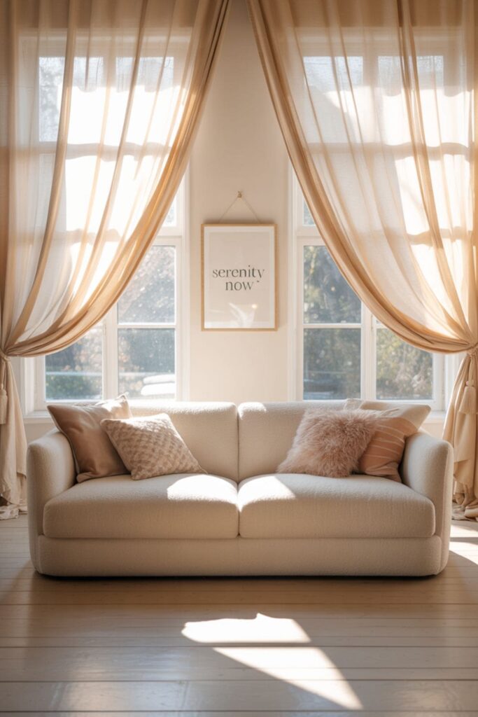 Light and airy living room with sheer curtains blowing gently in the breeze and a decorative mobile hanging