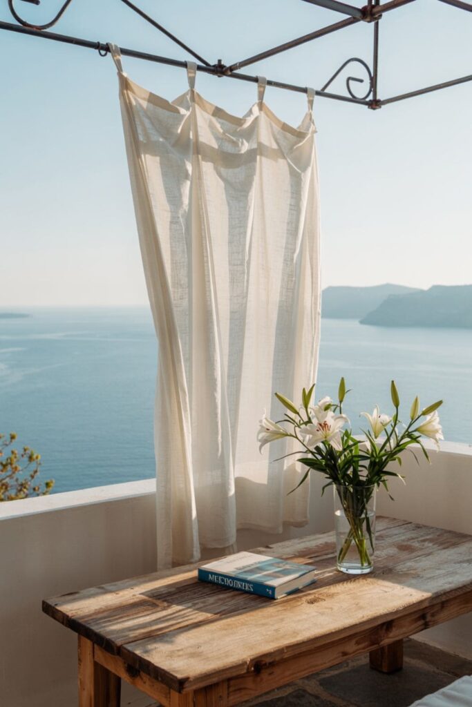 Light fabric curtains flowing on a private, cozy apartment balcony
