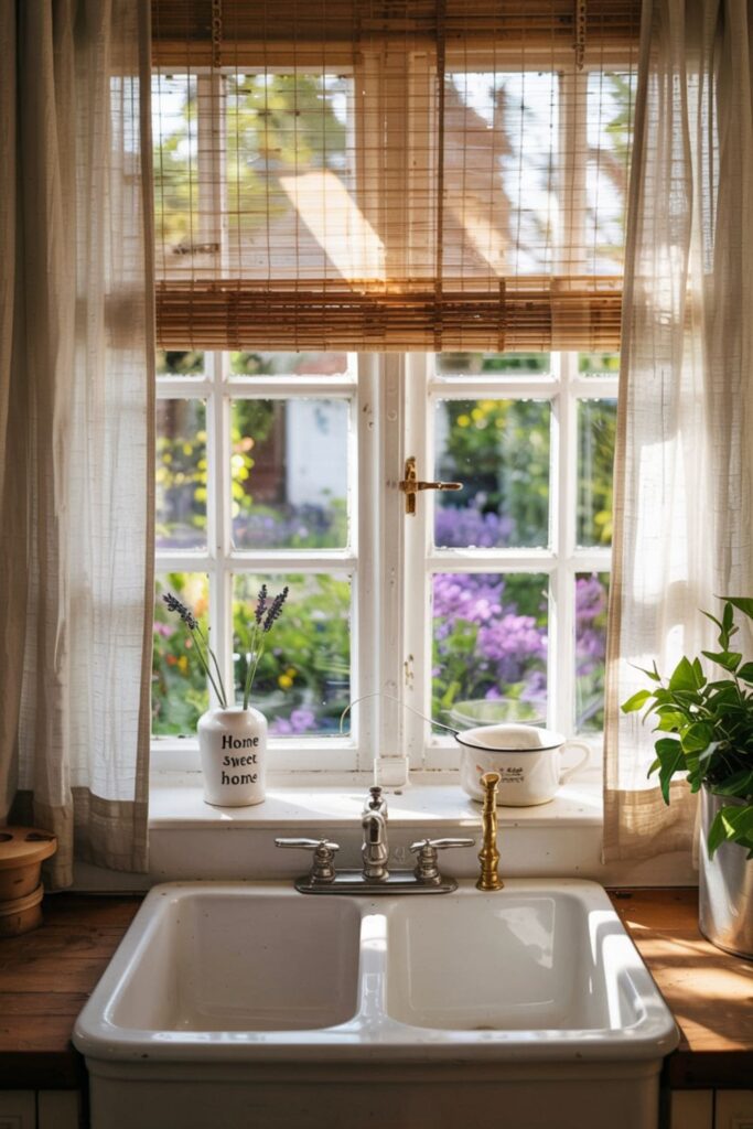 Light kitchen curtain on a sunny window above the sink, softening natural light in the space