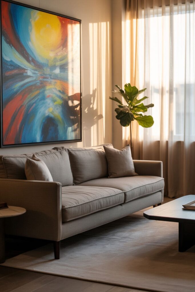 Living room featuring a bold oversized abstract painting above a neutral sofa as a statement piece