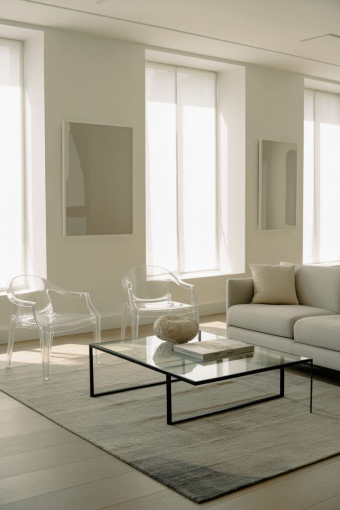 Living room with a glass coffee table and clear acrylic furniture to reduce visual clutter