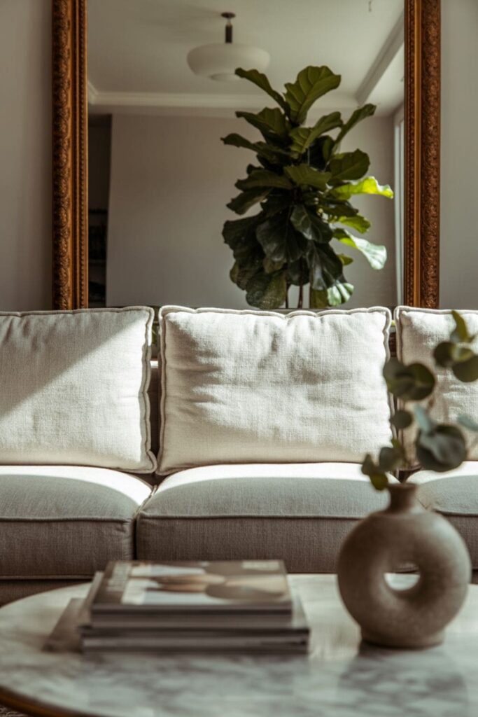 Living room with a large wall mirror reflecting sunlight to make the space feel larger
