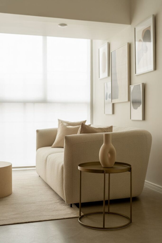 Living room with metallic decor accents like a gold side table and chrome lamp base