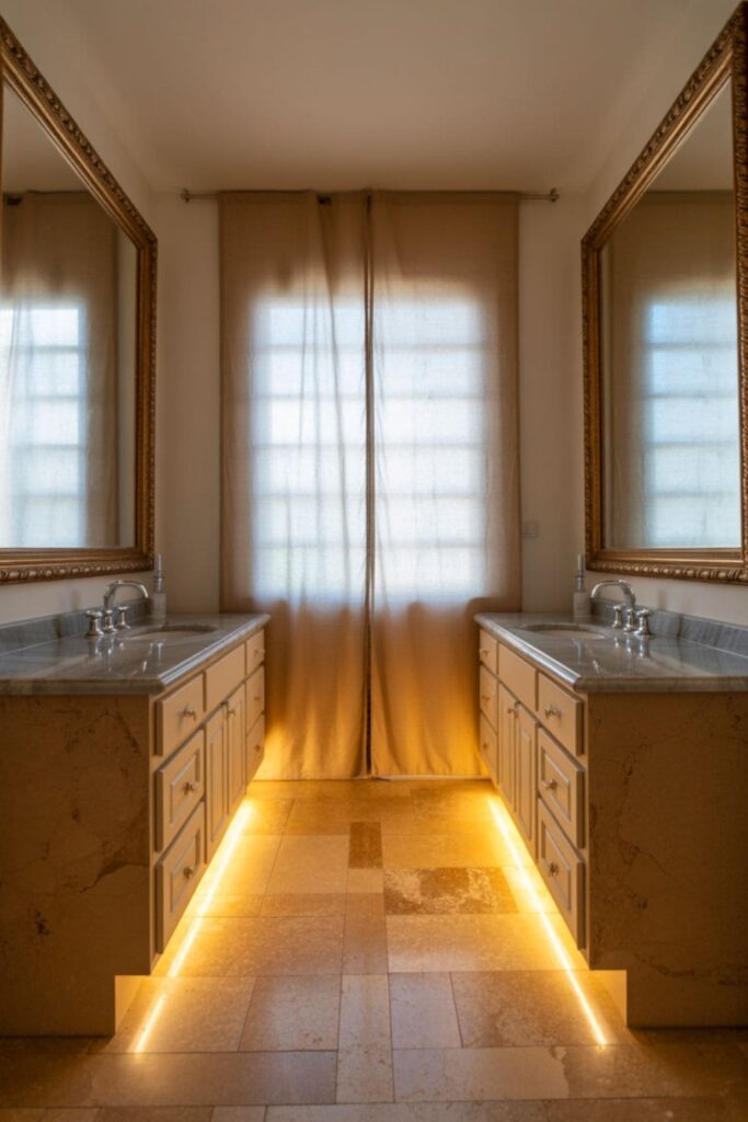 Luxury bathroom with two separate vanities, round mirrors, and symmetrical lighting