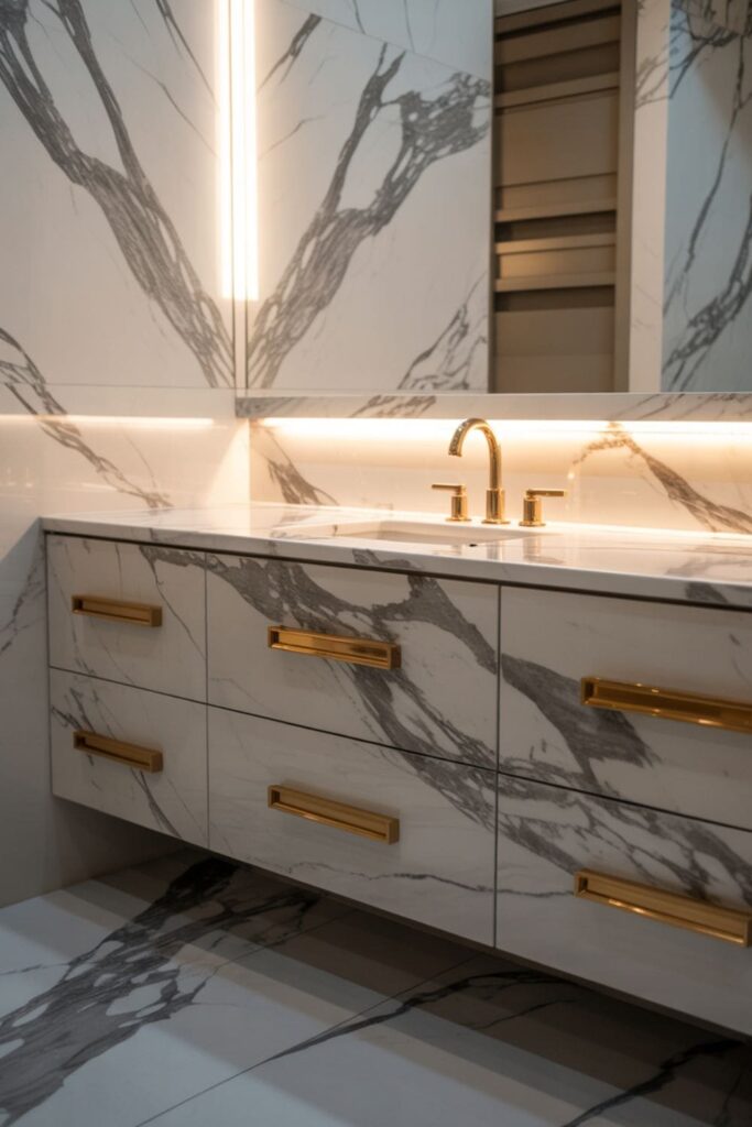 Luxury bathroom with white marble countertops, walls, and gold hardware accents