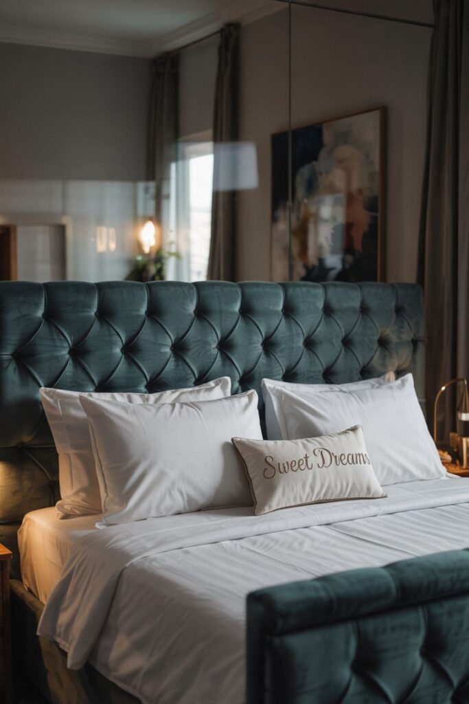 Luxury bed with an oversized tufted velvet headboard in emerald green creating a bold focal point