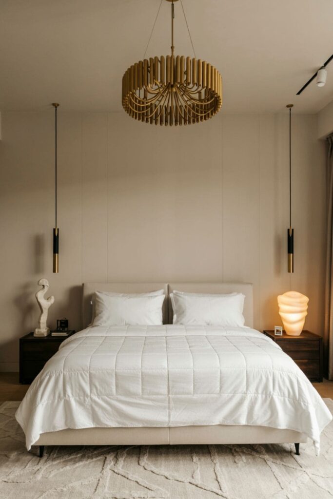Luxury bedroom featuring a gold chandelier and sculptural bedside lamps creating a warm, inviting glow