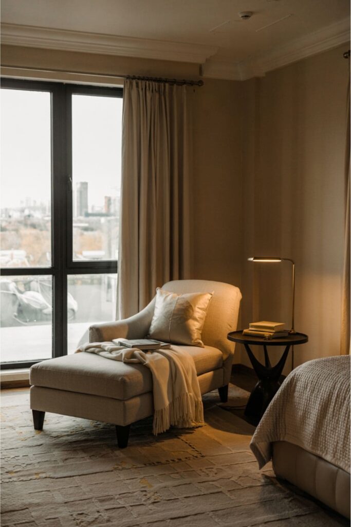 Luxury bedroom with a cozy sitting area including a chaise lounge and side table near a window
