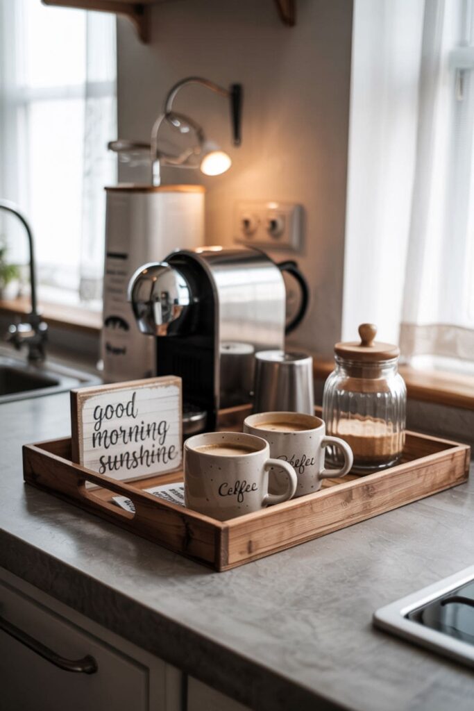 Mini coffee station in an apartment kitchen with mugs, a coffee maker, and a decorative tray
