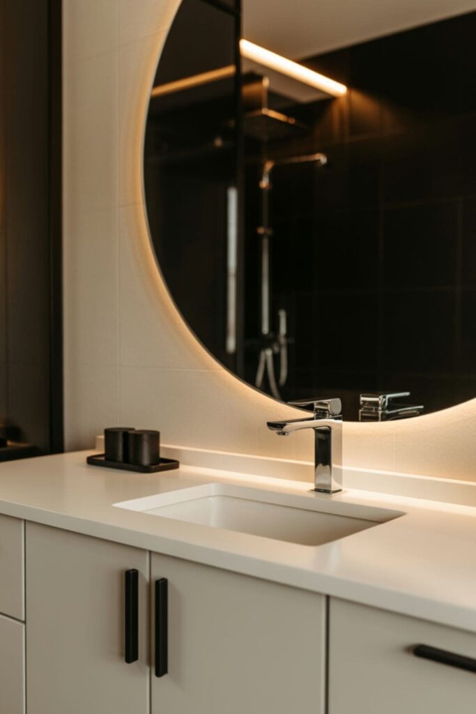 Minimalist bathroom with black accents on fixtures, cabinet handles, and lighting