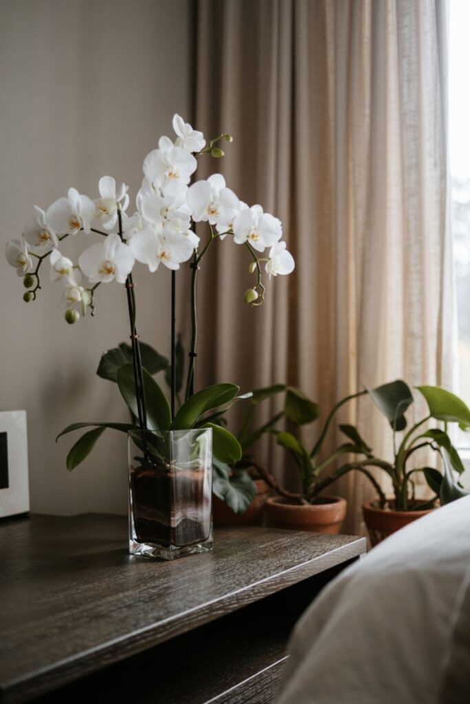 Minimalist nightstand with a vase of fresh flowers and greenery bringing life to a serene bedroom