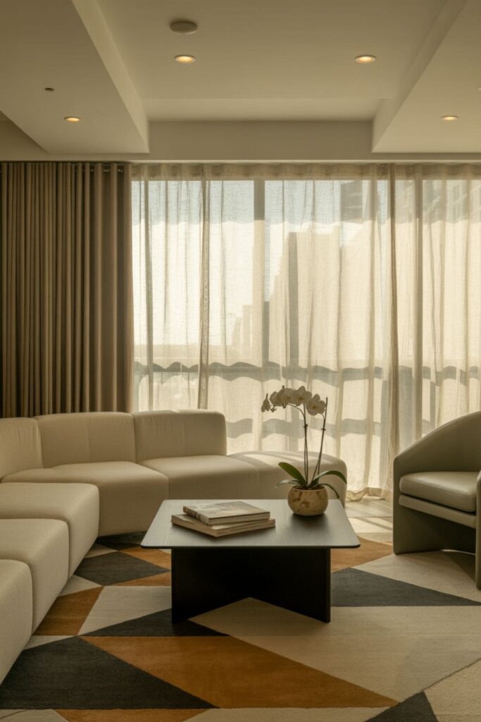 Modern apartment living room featuring a bold geometric area rug under the coffee table
