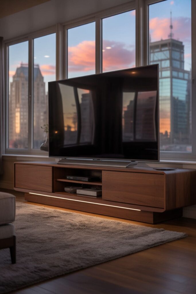 Modern apartment living room with a wall-mounted TV and a sleek, slim media console