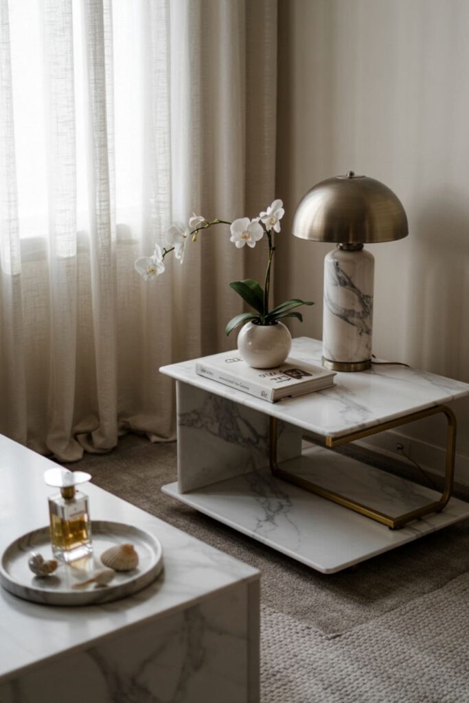 Modern bedroom with marble-accented furniture like bedside tables and trays adding elegance