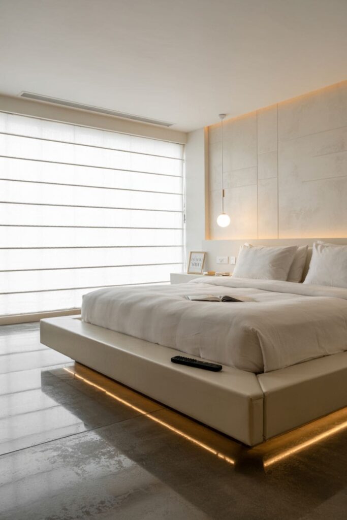 Modern bedroom with smart lighting and motorized blinds offering comfort and convenience