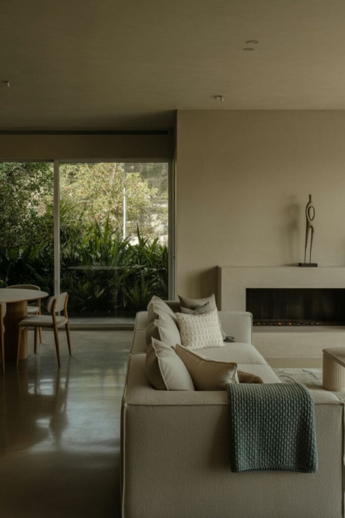 Modern living room with a cohesive color palette of soft grey, muted blue, and white, flowing seamlessly between spaces