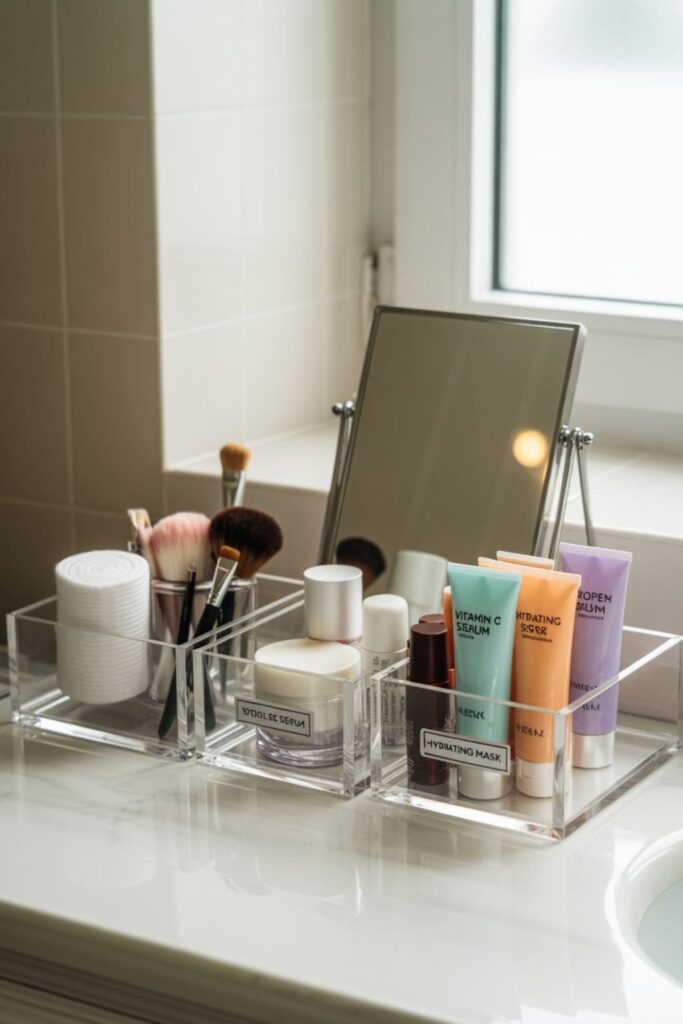 Neatly arranged skincare products in clear acrylic organizers on a luxury bathroom vanity