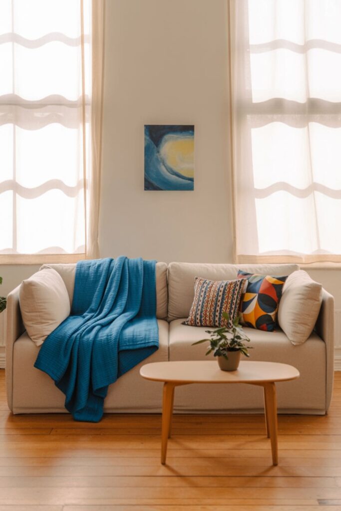 Neutral apartment decor accented with colorful pillows and a bright throw blanket